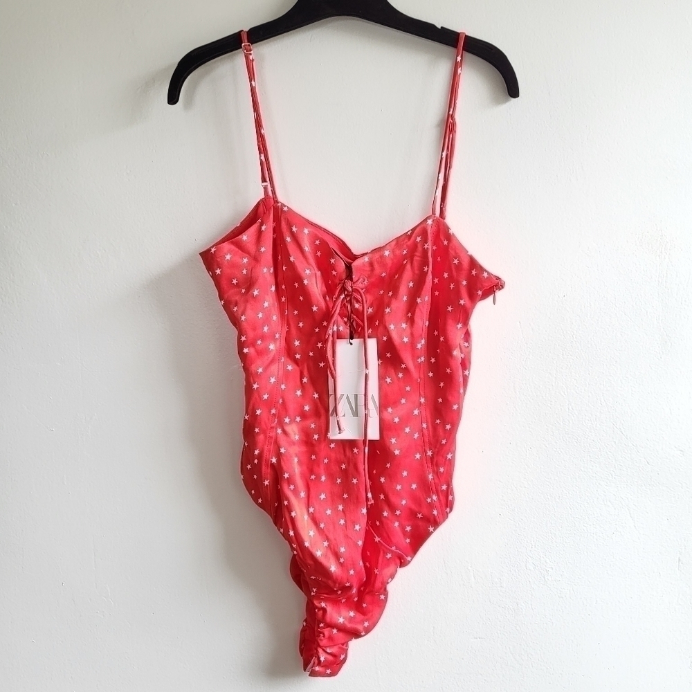 New Zara Satin Effect Stars Bodysuit Red NWT Size Medium - Picture 8 of 13